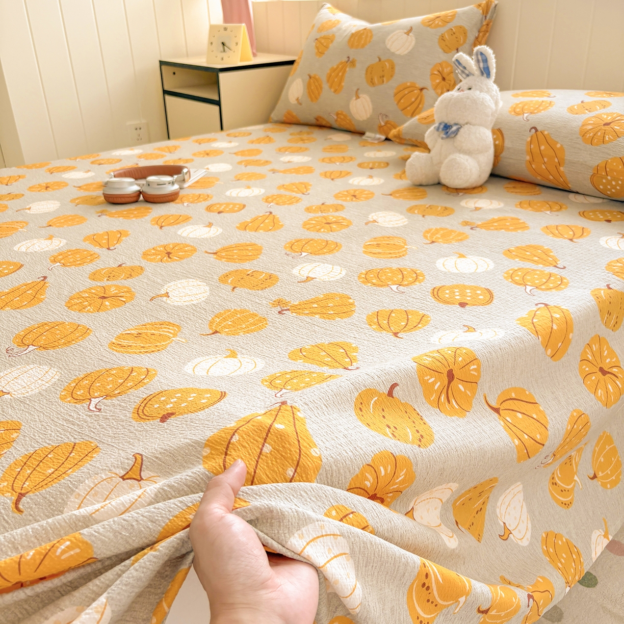 91家纺网 家纺一手货源 找家纺 （总）青泽家纺 2025新款水洗棉皱皱纱双层纱床单三件套