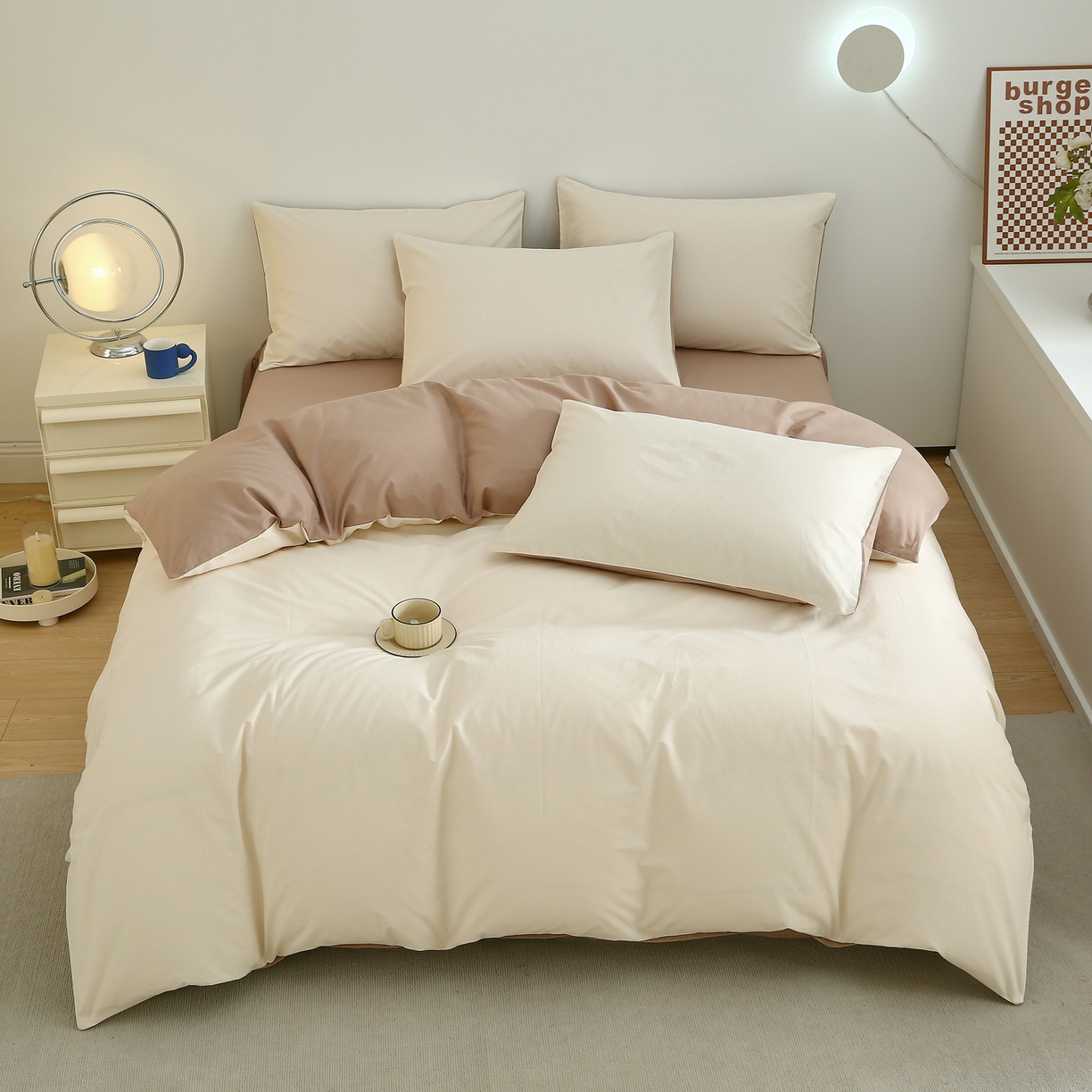 悦然毛巾被 2025新款全棉纯棉素色双拼四件套 奶茶+亚麻棕