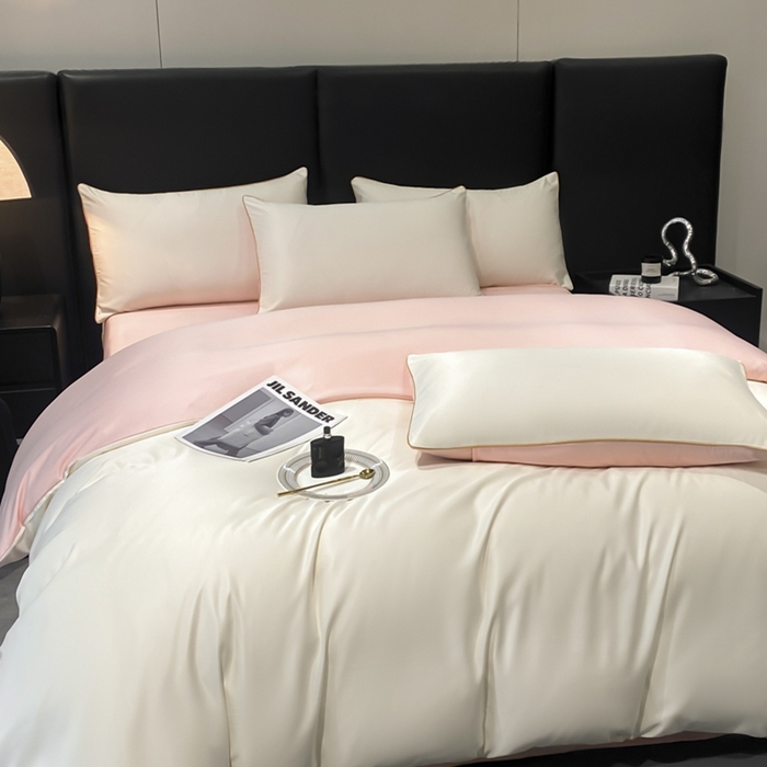 91家纺网 家纺一手货源 找家纺 悦然毛巾被 2025新款全棉纯棉素色双拼四件套 奶昔+蜜桃粉