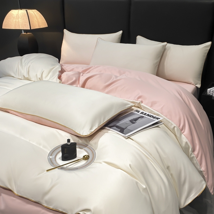 91家纺网 家纺一手货源 找家纺 悦然毛巾被 2025新款全棉纯棉素色双拼四件套 奶昔+蜜桃粉