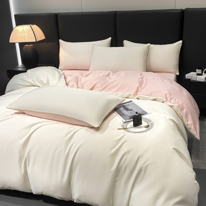 91家纺网 家纺一手货源 找家纺 悦然毛巾被 2025新款全棉纯棉素色双拼四件套 奶昔+蜜桃粉