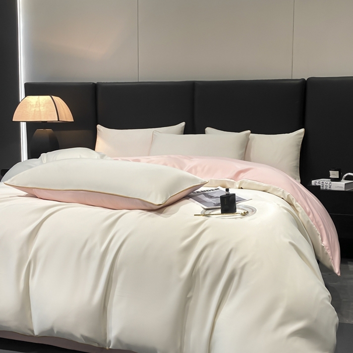 91家纺网 家纺一手货源 找家纺 悦然毛巾被 2025新款全棉纯棉素色双拼四件套 奶昔+蜜桃粉