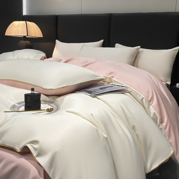 91家纺网 家纺一手货源 找家纺 悦然毛巾被 2025新款全棉纯棉素色双拼四件套 奶昔+蜜桃粉