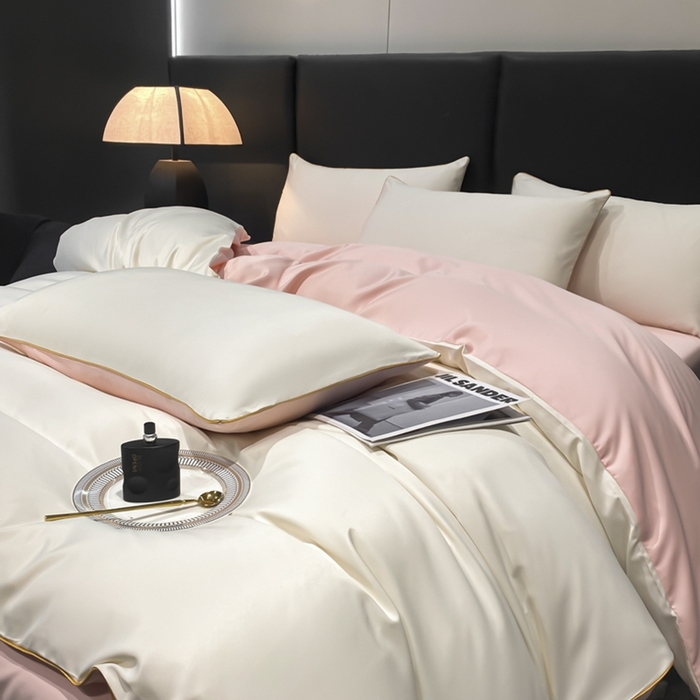 91家纺网 家纺一手货源 找家纺 悦然毛巾被 2025新款全棉纯棉素色双拼四件套 奶昔+蜜桃粉