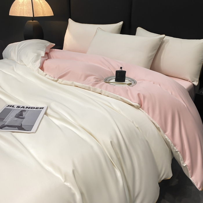 91家纺网 家纺一手货源 找家纺 悦然毛巾被 2025新款全棉纯棉素色双拼四件套 奶昔+蜜桃粉