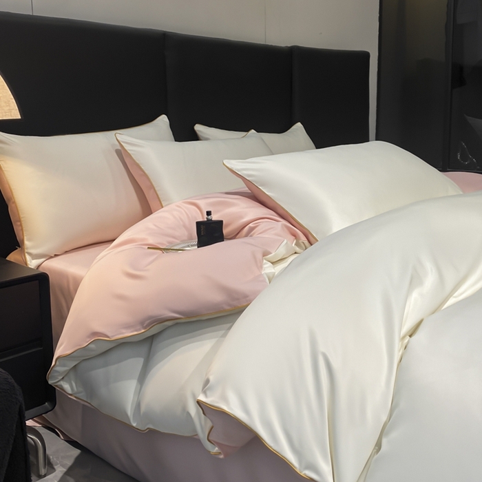 91家纺网 家纺一手货源 找家纺 悦然毛巾被 2025新款全棉纯棉素色双拼四件套 奶昔+蜜桃粉