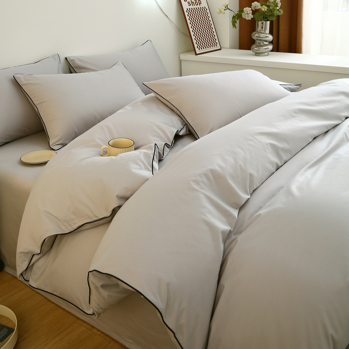 91家纺网 家纺一手货源 找家纺 悦然毛巾被 2025新款全棉纯棉素色双拼四件套 浅灰