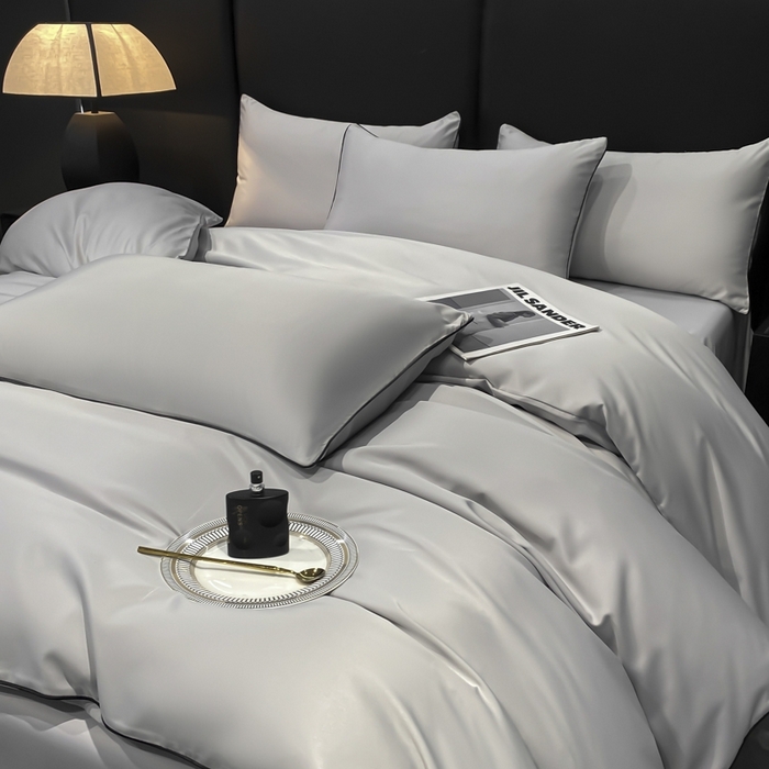 91家纺网 家纺一手货源 找家纺 悦然毛巾被 2025新款全棉纯棉素色双拼四件套 浅灰