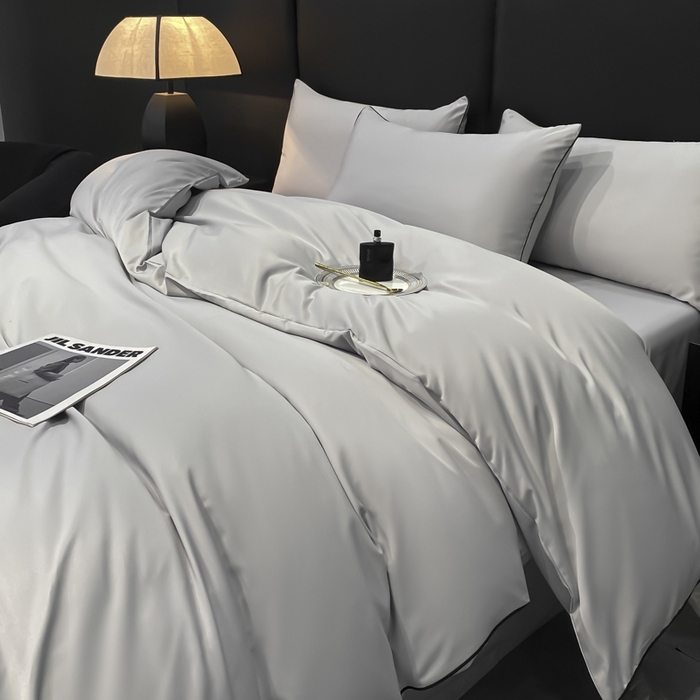 91家纺网 家纺一手货源 找家纺 悦然毛巾被 2025新款全棉纯棉素色双拼四件套 浅灰