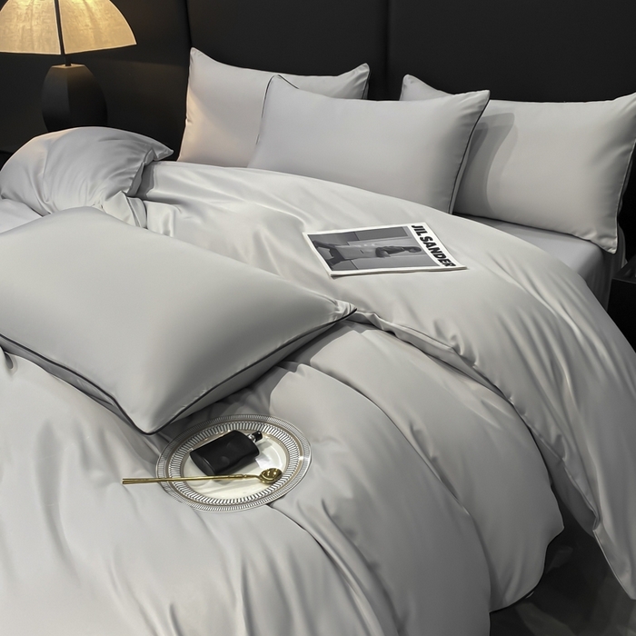 91家纺网 家纺一手货源 找家纺 悦然毛巾被 2025新款全棉纯棉素色双拼四件套 浅灰