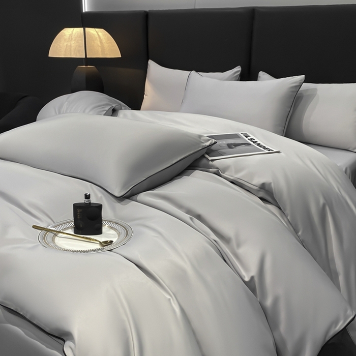 91家纺网 家纺一手货源 找家纺 悦然毛巾被 2025新款全棉纯棉素色双拼四件套 浅灰