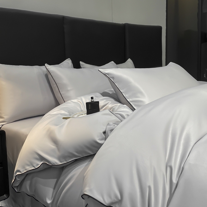 91家纺网 家纺一手货源 找家纺 悦然毛巾被 2025新款全棉纯棉素色双拼四件套 浅灰