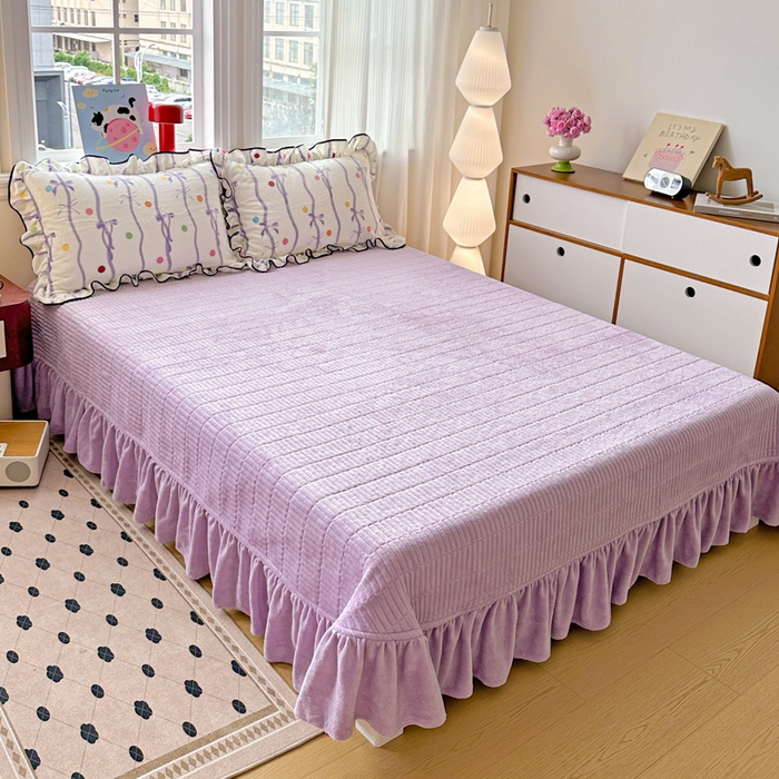 91家纺网 家纺一手货源 找家纺 简一 2025新款牛奶绒花边床盖四件套 梦幻蝴蝶结