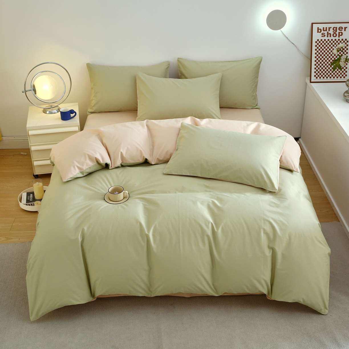 悦然毛巾被 2025新款全棉纯棉素色双拼四件套 水绿+香槟金