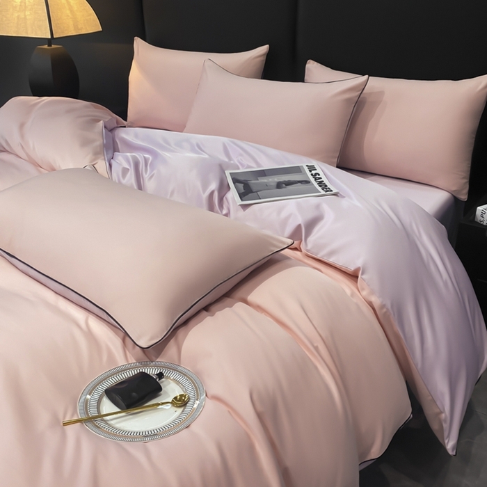 91家纺网 家纺一手货源 找家纺 悦然毛巾被 2025新款全棉纯棉素色双拼四件套 香叶粉+罗兰紫