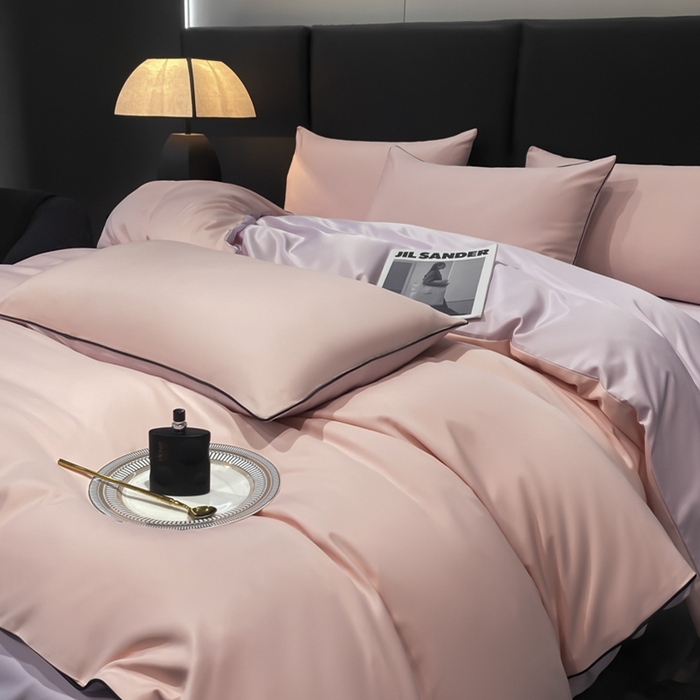 91家纺网 家纺一手货源 找家纺 悦然毛巾被 2025新款全棉纯棉素色双拼四件套 香叶粉+罗兰紫