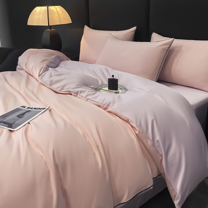 91家纺网 家纺一手货源 找家纺 悦然毛巾被 2025新款全棉纯棉素色双拼四件套 香叶粉+罗兰紫