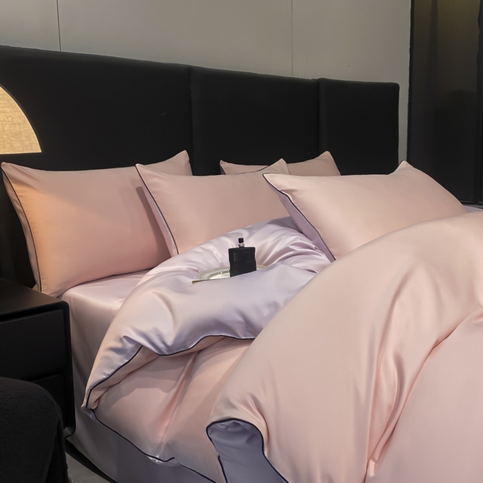 91家纺网 家纺一手货源 找家纺 悦然毛巾被 2025新款全棉纯棉素色双拼四件套 香叶粉+罗兰紫