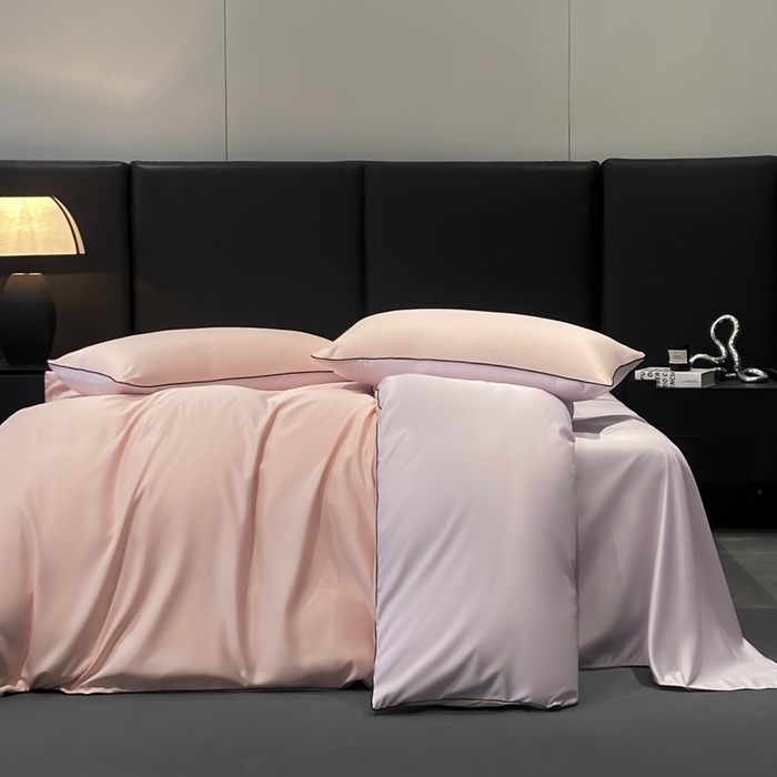 91家纺网 家纺一手货源 找家纺 悦然毛巾被 2025新款全棉纯棉素色双拼四件套 香叶粉+罗兰紫