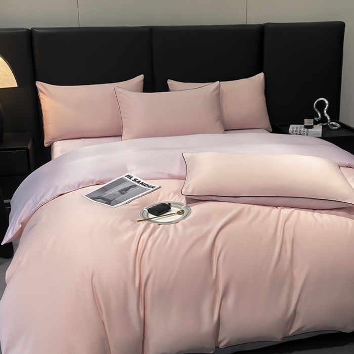 91家纺网 家纺一手货源 找家纺 悦然毛巾被 2025新款全棉纯棉素色双拼四件套 香叶粉+罗兰紫