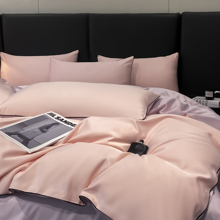 91家纺网 家纺一手货源 找家纺 悦然毛巾被 2025新款全棉纯棉素色双拼四件套 香叶粉+罗兰紫