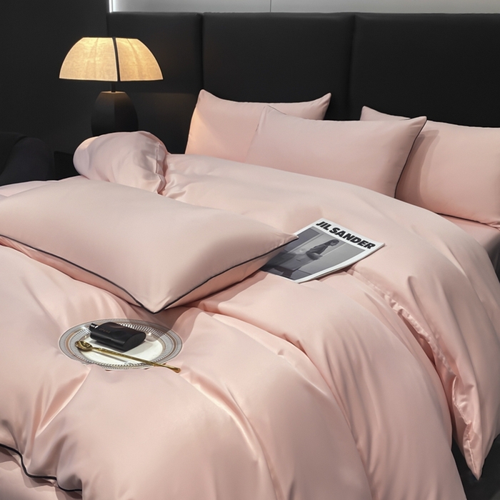 91家纺网 家纺一手货源 找家纺 悦然毛巾被 2025新款全棉纯棉素色双拼四件套 樱花粉