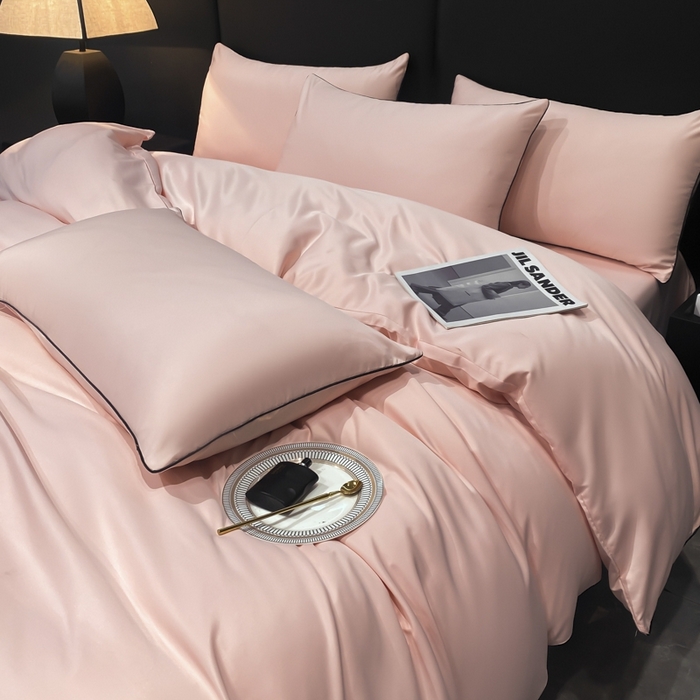 91家纺网 家纺一手货源 找家纺 悦然毛巾被 2025新款全棉纯棉素色双拼四件套 樱花粉