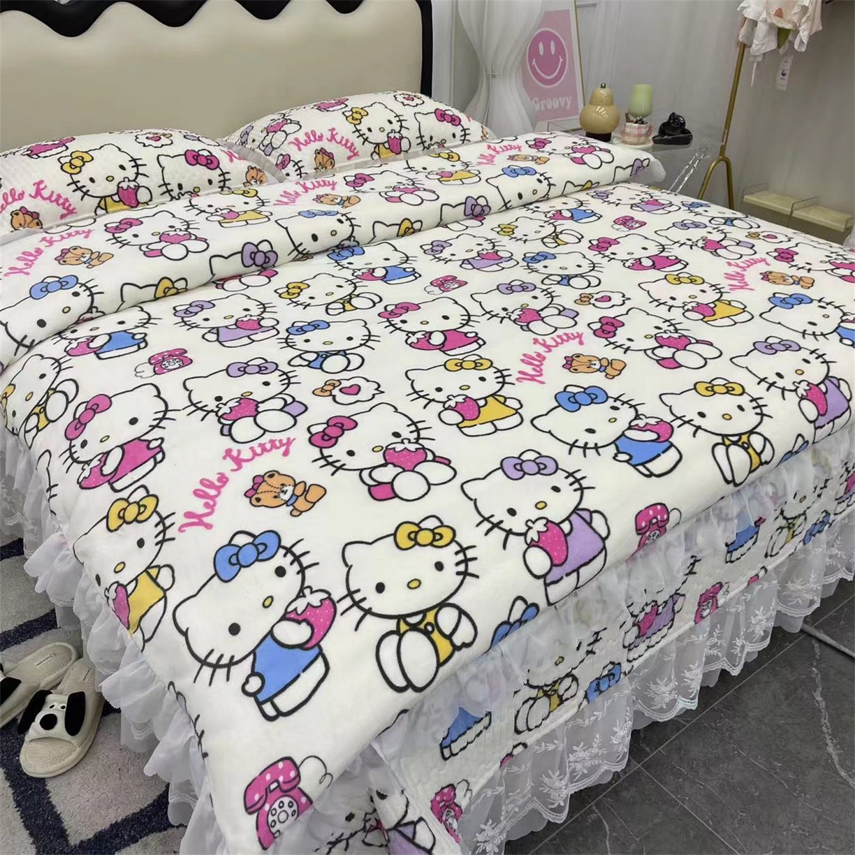 91家纺网 家纺一手货源 找家纺 禧瑞谷 2025新款冬季牛奶绒双层蕾丝花边床盖三件套床盖四件套 KT猫