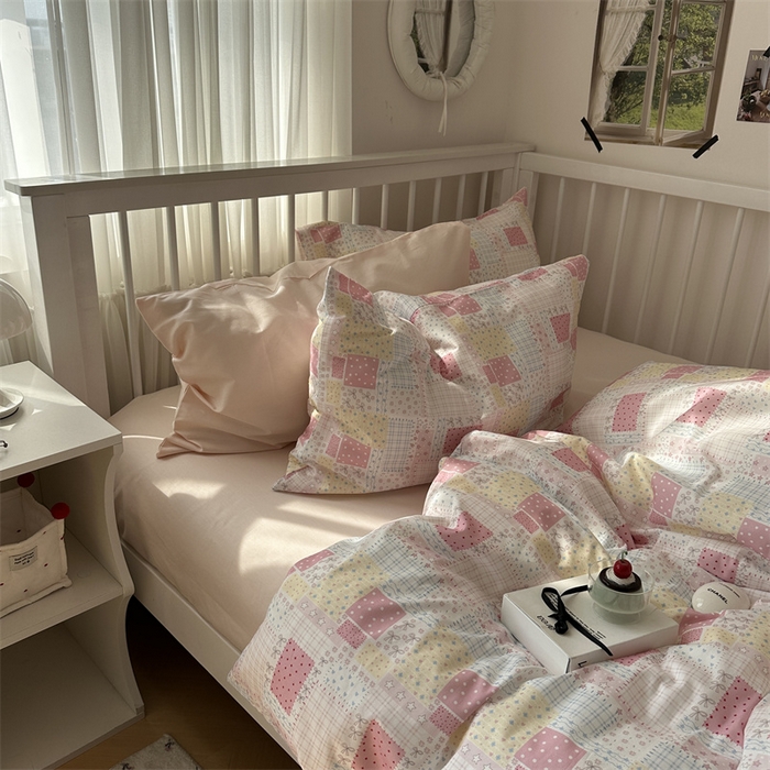 91家纺网 家纺一手货源 找家纺 尺素 2025新款纯棉卡通ins风四件套可爱少女风全棉被套纯色1.8床笠加大床单学生1.2三件套 格调粉--桃粉