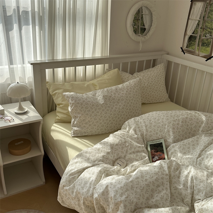 91家纺网 家纺一手货源 找家纺 尺素 2025新款纯棉卡通ins风四件套可爱少女风全棉被套纯色1.8床笠加大床单学生1.2三件套 清梦--浅黄