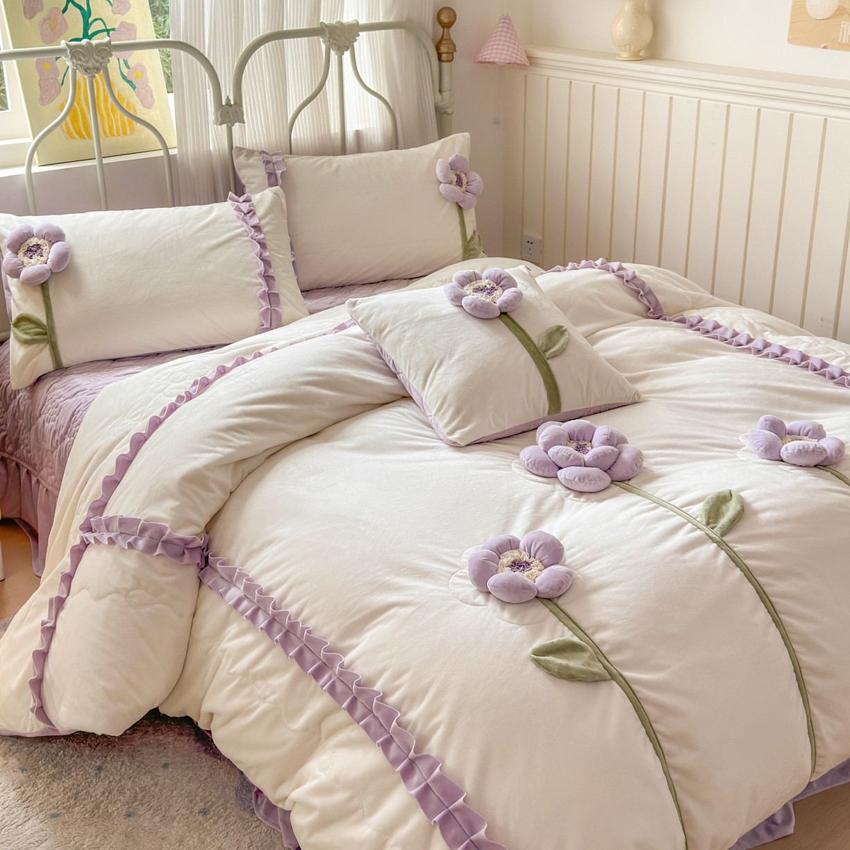 91家纺网 家纺一手货源 找家纺 （总）淑女公社家纺 2025秋冬新款韩国绒多功能被套床盖款四件套-向阳花