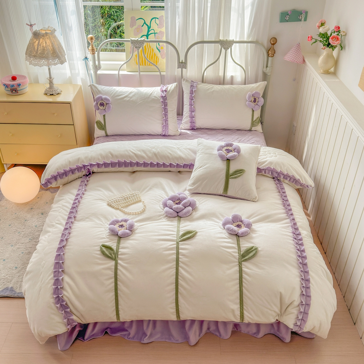 91家纺网 家纺一手货源 找家纺 淑女公社家纺 2025秋冬新款韩国绒多功能被套床盖款四件套-向阳花 向阳花 紫