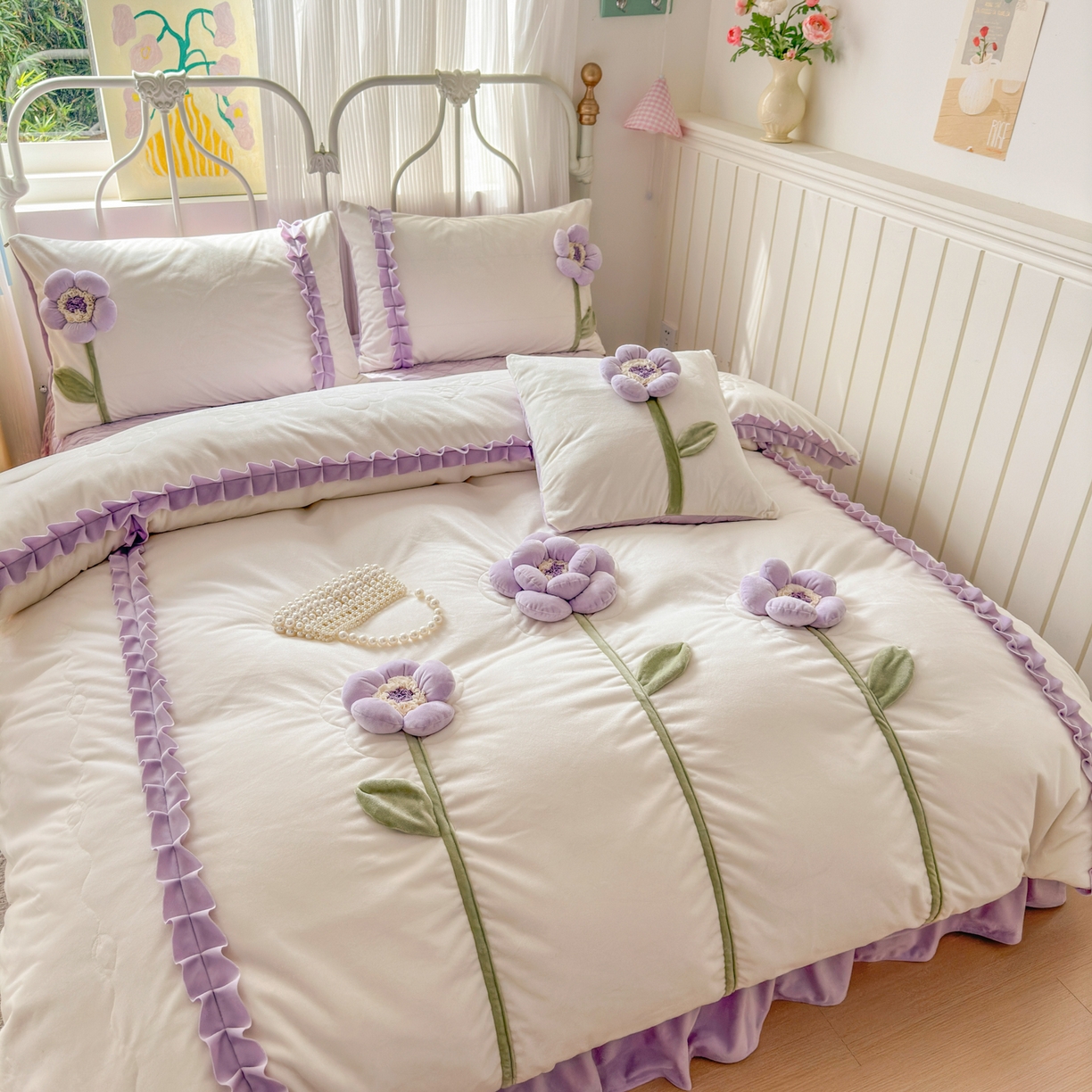 91家纺网 家纺一手货源 找家纺 淑女公社家纺 2025秋冬新款韩国绒多功能被套床盖款四件套-向阳花 向阳花 紫