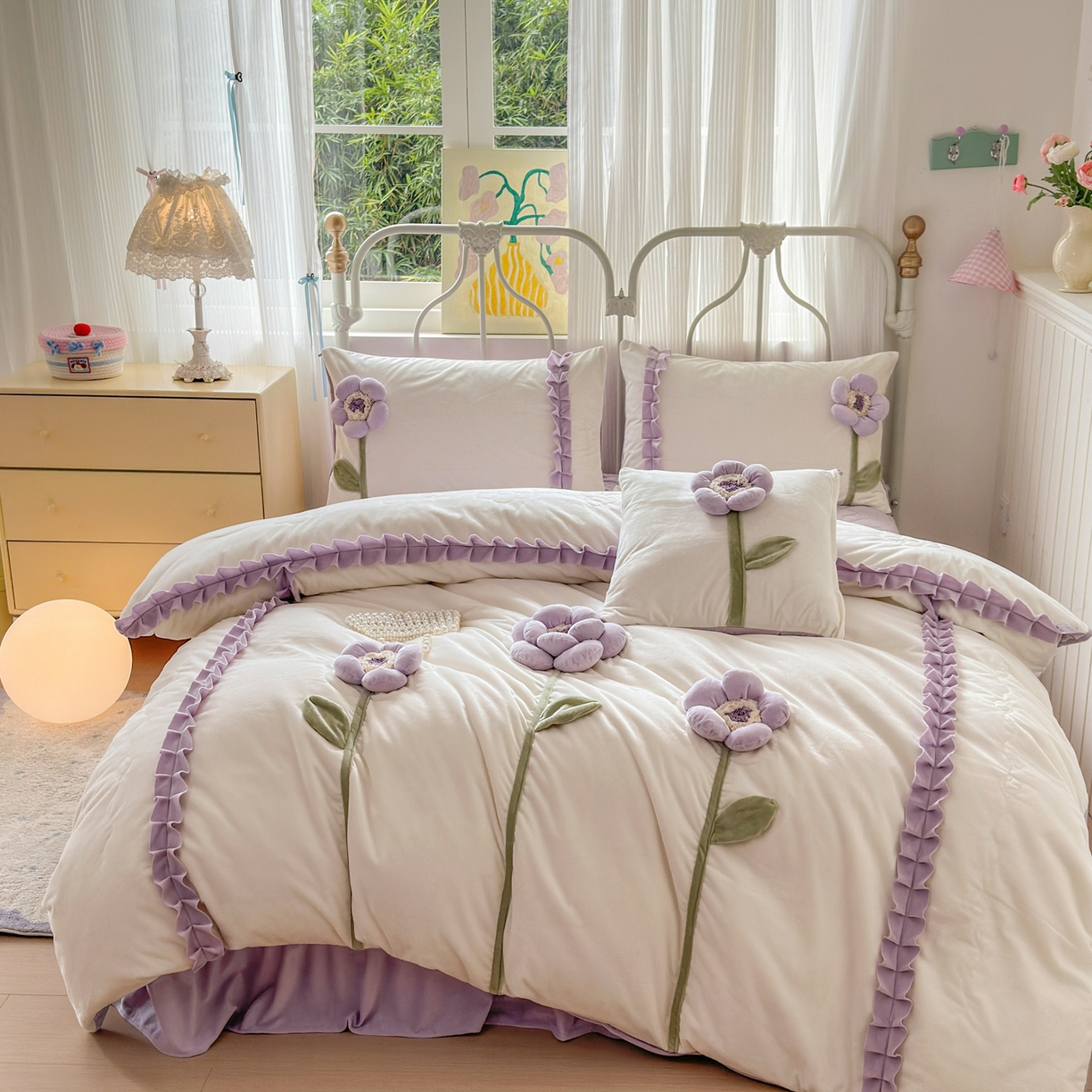 91家纺网 家纺一手货源 找家纺 淑女公社家纺 2025秋冬新款韩国绒多功能被套床盖款四件套-向阳花 向阳花 紫