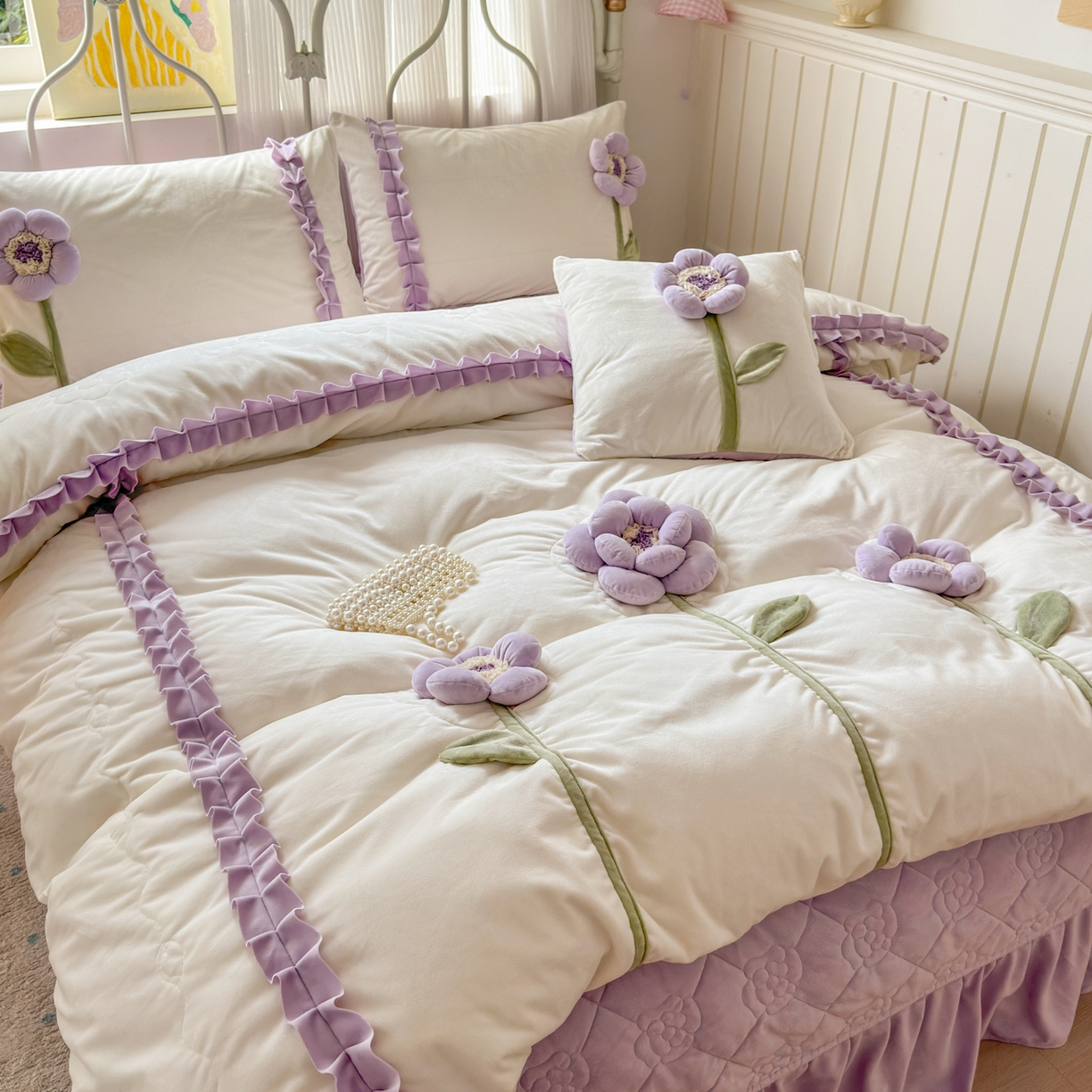 91家纺网 家纺一手货源 找家纺 淑女公社家纺 2025秋冬新款韩国绒多功能被套床盖款四件套-向阳花 向阳花 紫