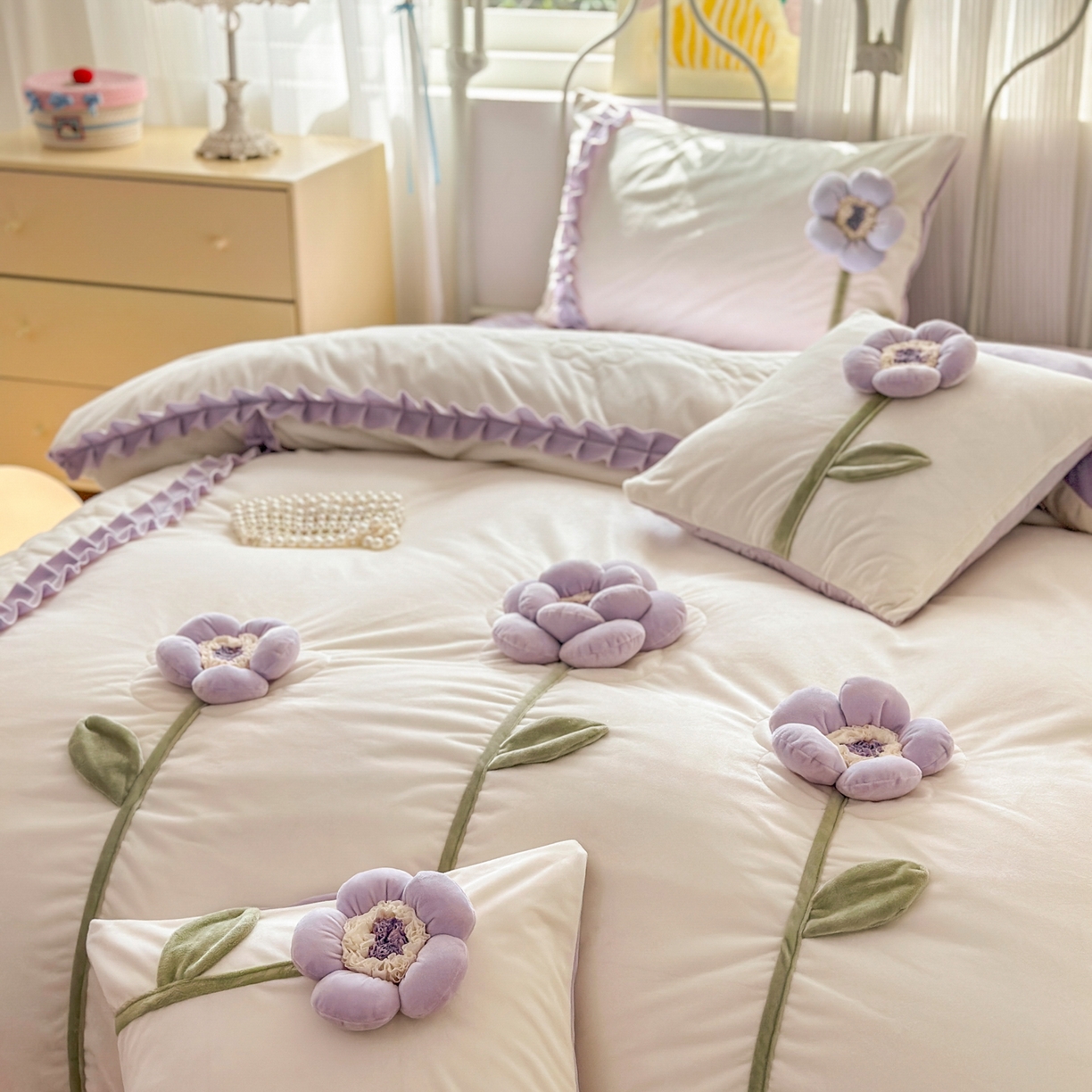 91家纺网 家纺一手货源 找家纺 淑女公社家纺 2025秋冬新款韩国绒多功能被套床盖款四件套-向阳花 向阳花 紫