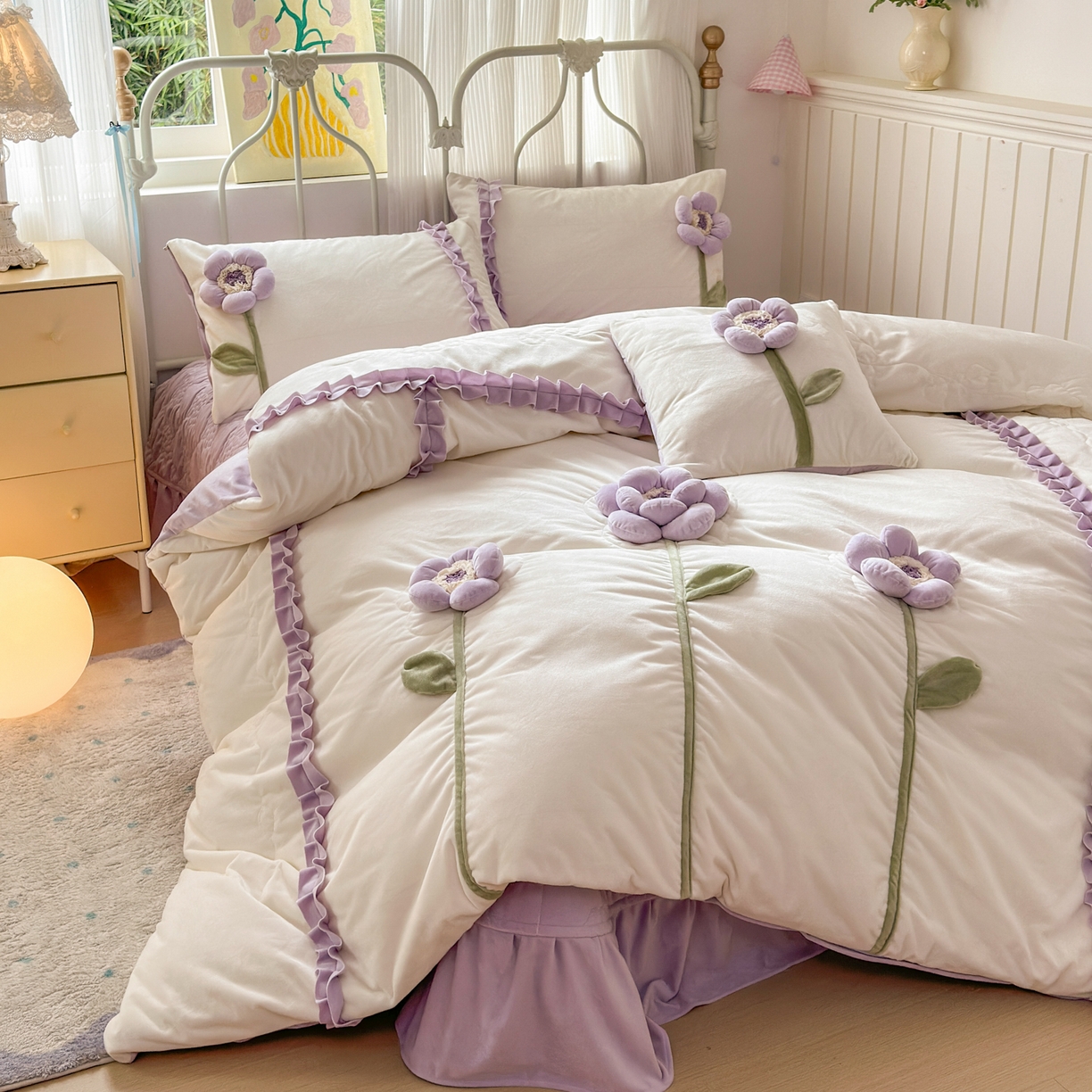 91家纺网 家纺一手货源 找家纺 淑女公社家纺 2025秋冬新款韩国绒多功能被套床盖款四件套-向阳花 向阳花 紫