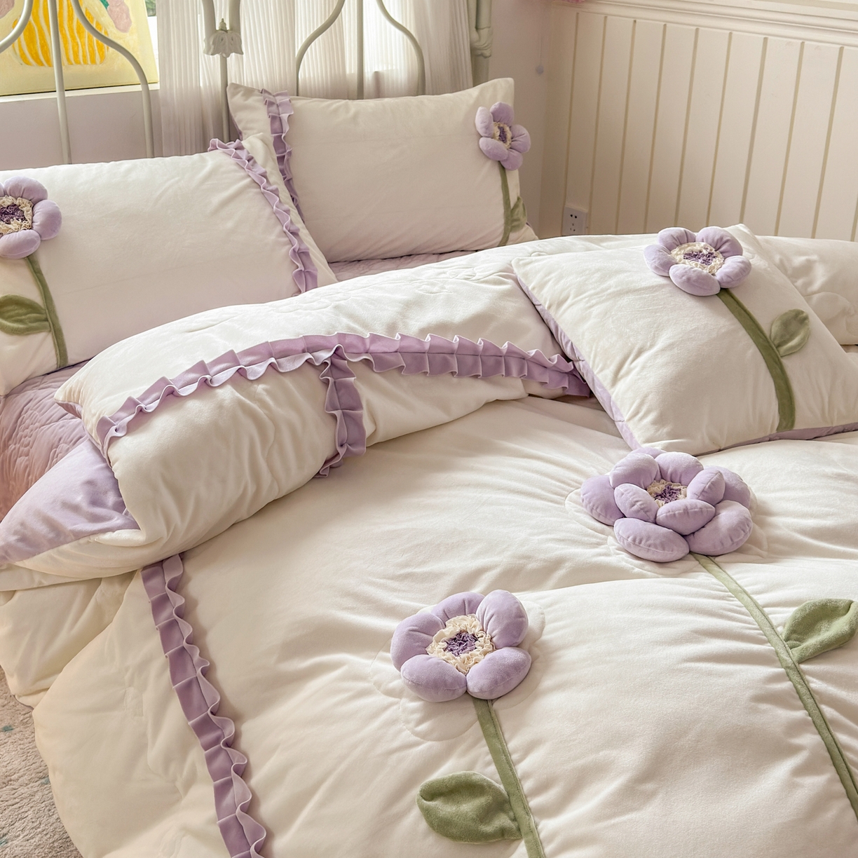 91家纺网 家纺一手货源 找家纺 淑女公社家纺 2025秋冬新款韩国绒多功能被套床盖款四件套-向阳花 向阳花 紫
