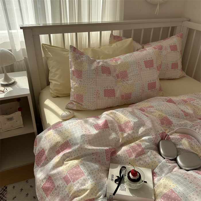 91家纺网 家纺一手货源 找家纺 尺素 2025新款纯棉卡通ins风四件套可爱少女风全棉被套纯色1.8床笠加大床单学生1.2三件套 格调粉--奶黄