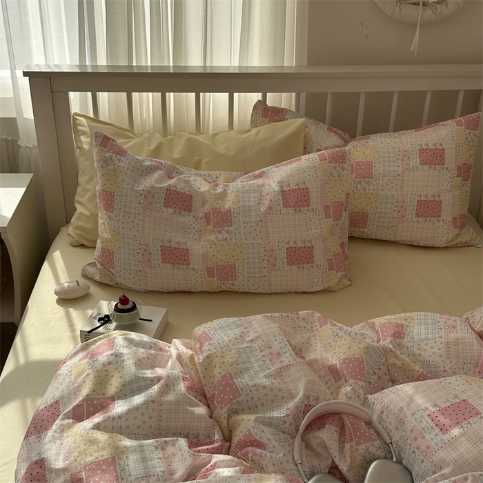 91家纺网 家纺一手货源 找家纺 尺素 2025新款纯棉卡通ins风四件套可爱少女风全棉被套纯色1.8床笠加大床单学生1.2三件套 格调粉--奶黄