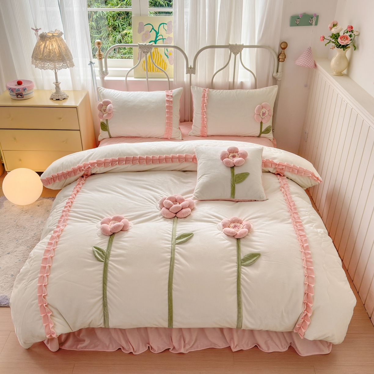 91家纺网 家纺一手货源 找家纺 淑女公社家纺 2025秋冬新款韩国绒多功能被套床盖款四件套-向阳花 向阳花 粉