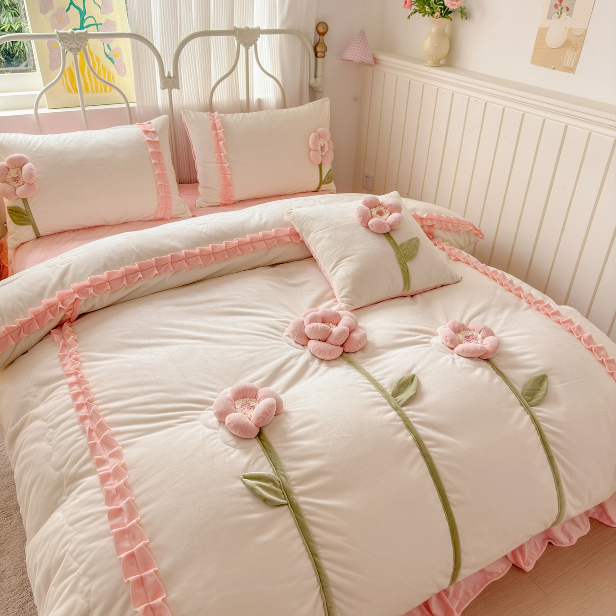 91家纺网 家纺一手货源 找家纺 淑女公社家纺 2025秋冬新款韩国绒多功能被套床盖款四件套-向阳花 向阳花 粉