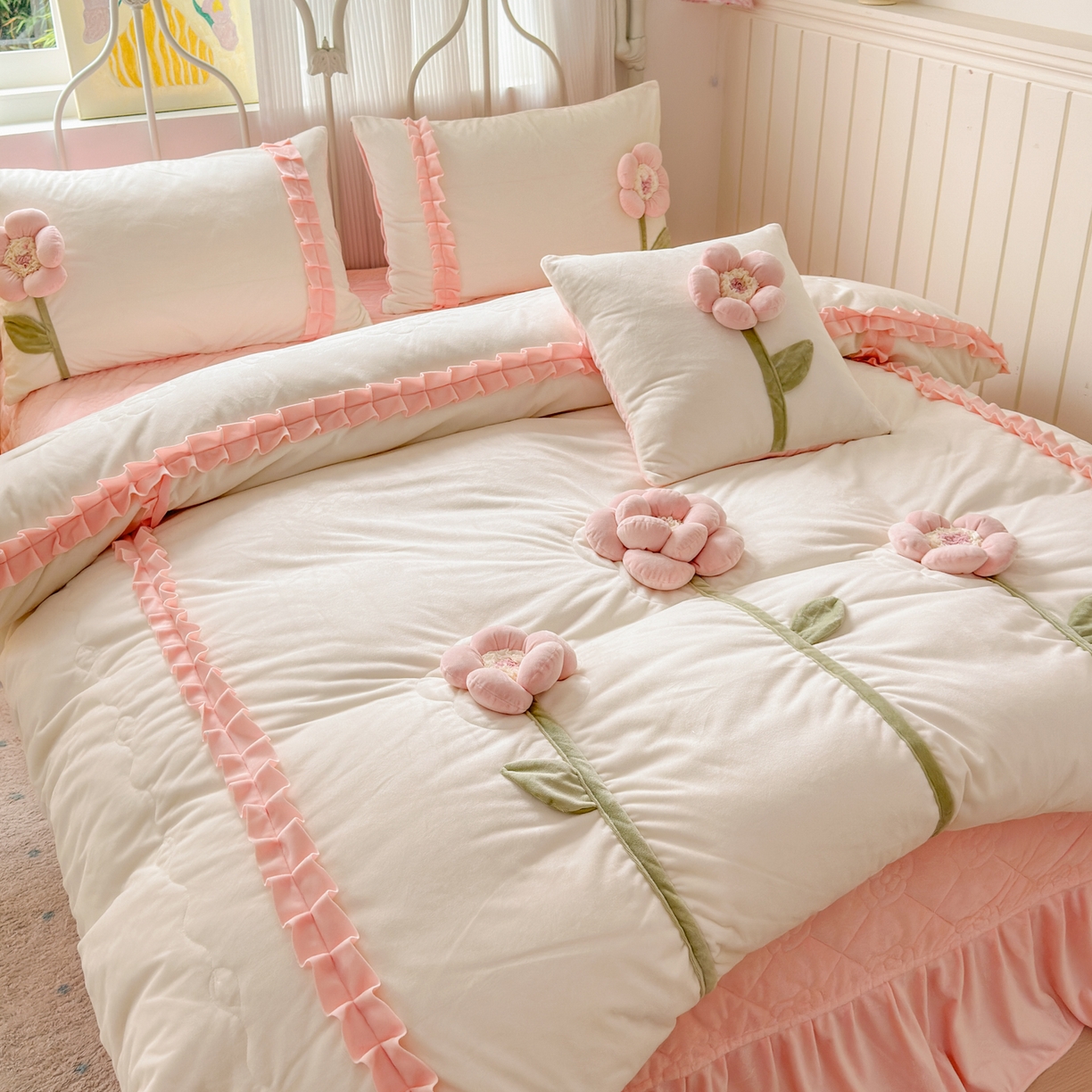 91家纺网 家纺一手货源 找家纺 淑女公社家纺 2025秋冬新款韩国绒多功能被套床盖款四件套-向阳花 向阳花 粉