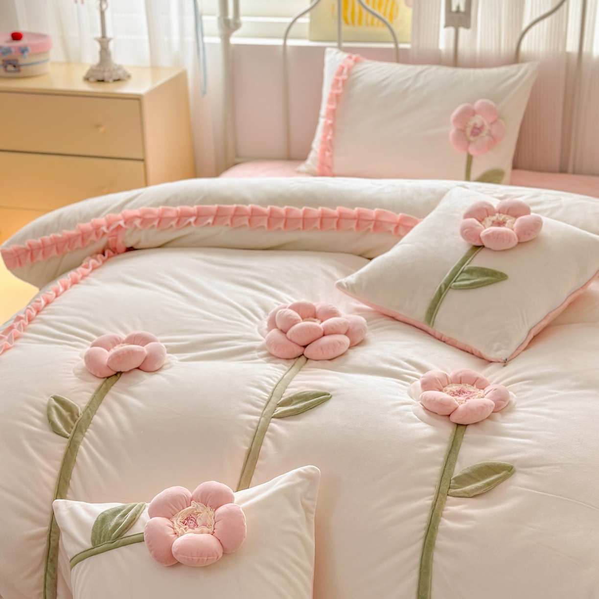 91家纺网 家纺一手货源 找家纺 淑女公社家纺 2025秋冬新款韩国绒多功能被套床盖款四件套-向阳花 向阳花 粉