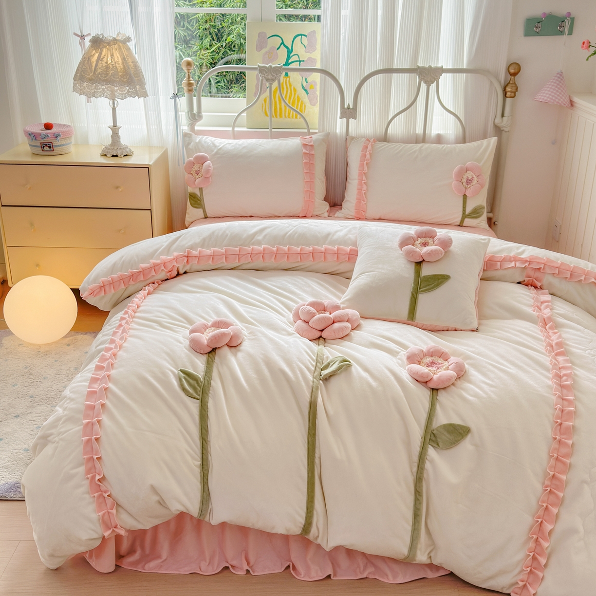 91家纺网 家纺一手货源 找家纺 淑女公社家纺 2025秋冬新款韩国绒多功能被套床盖款四件套-向阳花 向阳花 粉