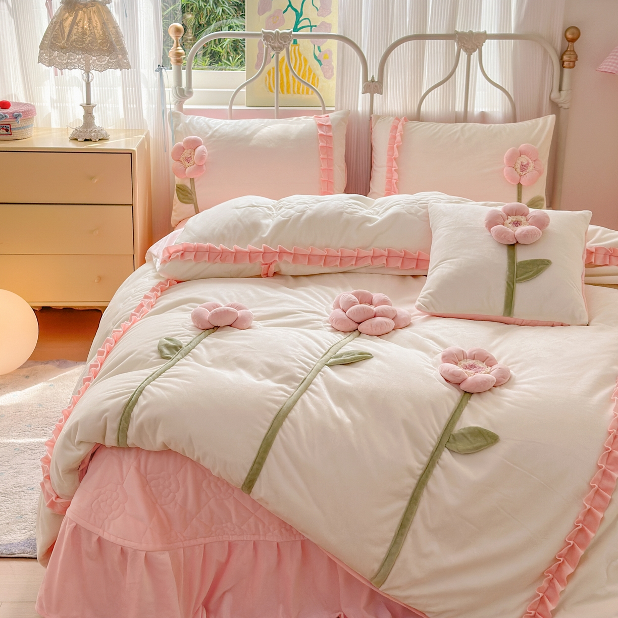 91家纺网 家纺一手货源 找家纺 淑女公社家纺 2025秋冬新款韩国绒多功能被套床盖款四件套-向阳花 向阳花 粉