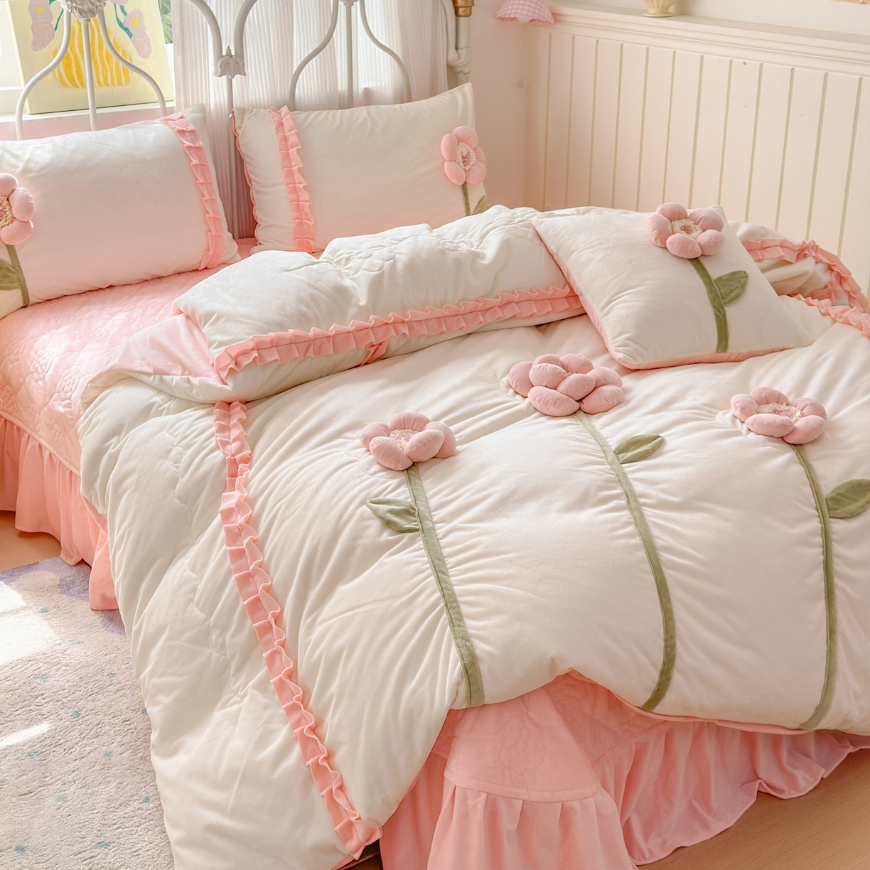 91家纺网 家纺一手货源 找家纺 淑女公社家纺 2025秋冬新款韩国绒多功能被套床盖款四件套-向阳花 向阳花 粉