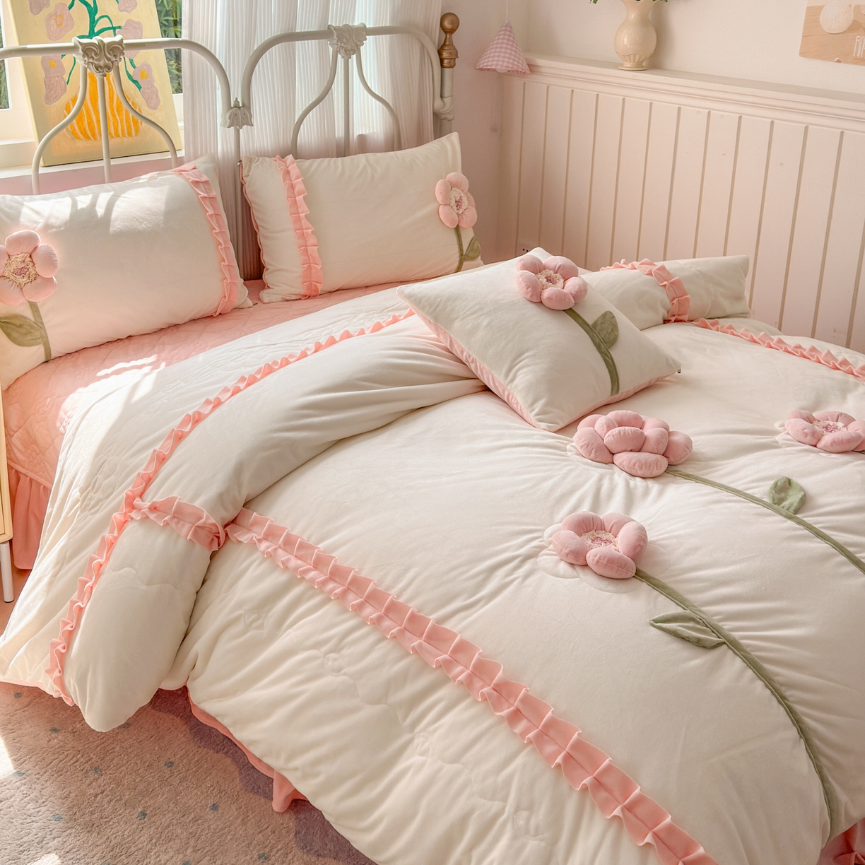 91家纺网 家纺一手货源 找家纺 淑女公社家纺 2025秋冬新款韩国绒多功能被套床盖款四件套-向阳花 向阳花 粉