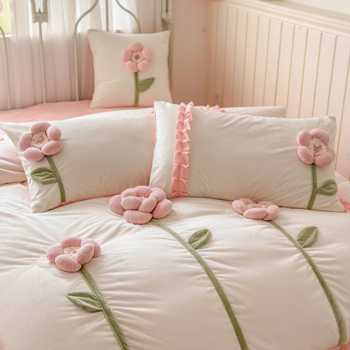 91家纺网 家纺一手货源 找家纺 淑女公社家纺 2025秋冬新款韩国绒多功能被套床盖款四件套-向阳花 向阳花 粉