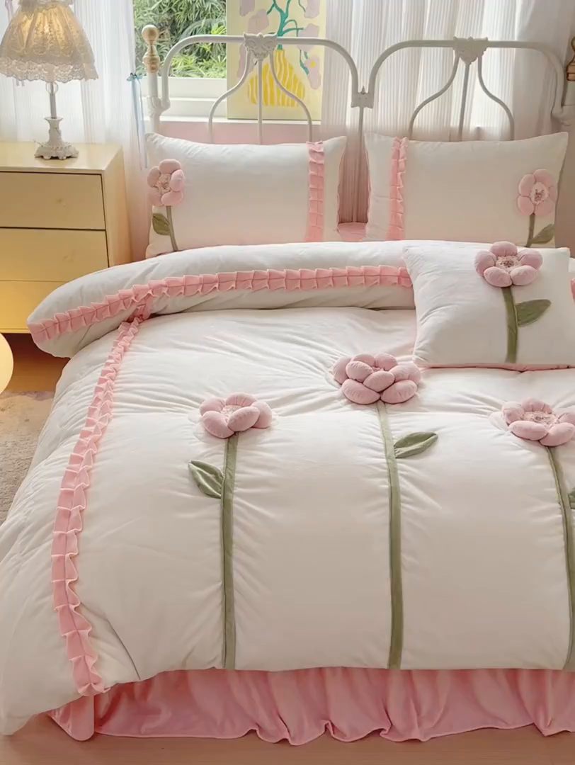 91家纺网 家纺一手货源 找家纺 淑女公社家纺 2025秋冬新款韩国绒多功能被套床盖款四件套-向阳花 向阳花 粉